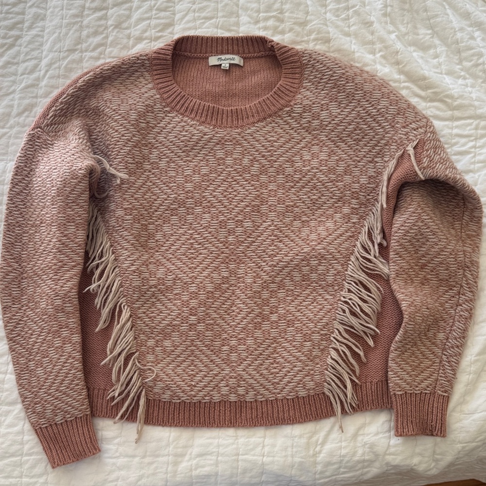 Madewell Pink Fringed Crew Neck Merino Wool Blend Sweater